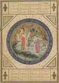 Die Anthologie, die diese Miniatur enthält, wurde 1524 in Herat vollendet. Das Rundbild mit Sonnenstrahlen (Shamsah) zeigt die Konversation eines alten Mannes mit einem jungen.