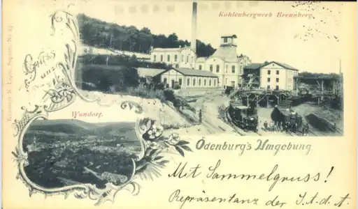 Bildpostkarte Kohlenbergwerk Brennberg mit Gepäcklokomotive
