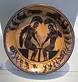 Achilles und Ajax ohne Athena und Beiwerk, vollständig zum Kampf gerüstet; schwarzfiguriger Teller, um 520 v. Chr., Burgon-Gruppe; Antikensammlung, Berlin