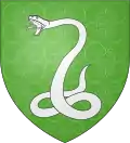 Wappen mit einer weißen Schlange, die sich schlängelt und nach links oben ihr Maul öffnet. Der Untergrund ist grün.