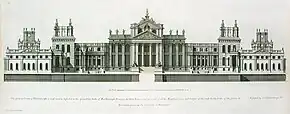 Kupferstich der Frontalansicht eines Schlosses mit verschiedenen Gebäudeteilen. Säulenfassaden und Giebelfelder mit Szenen sowie Figuren sind zu sehen. Auf den Dächern sind Figuren und Ornamente angebracht. Ein Maßstab und ein englischer Satz stehen unter dem Bild.
