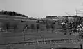Blick auf Grötzenberg – im Vordergrund die Gleise der ehemaligen (1966 eingestellten)  Kleinbahn Bielstein–Waldbröl (Ostern 1955)