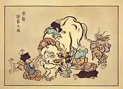 Der querformatige japanische Farbholzschnitt zeigt das Gleichnis der Blinden mit dem Elefanten als Karikatur. Auf blassgelbem Grund sieht man in der Bildmitte schräg von vorn und aus leicht erhöhtem Blickwinkel den Elefanten; auf ihm und um ihn herum sind acht Männer in teils grotesken Verrenkungen dabei, ihn zu betasten. Weitere Details der Umgebung sind nicht dargestellt, auch nicht der Boden oder der Hintergrund der Szene. Oben links im Bild sind einige japanische Schriftzeichen platziert. Die Konturen der Figuren sind in kräftigem Schwarz – ähnlich Pinselstrichen – ausgeführt. Die Körper sind flächig in Pastellfarben koloriert, der Elefant hellgelb, die Kleidung der Männer in Braun- und Blautönen. Der Elefant scheint vom Tun der Männer nicht begeistert zu sein, er hat den Kopf mit gequältem Blick zur Seite gewandt. Die Männer haben alle kahlrasierte Schädel, sie tragen weit geschnittene, um den Körper schlotternde Hosen und Hemden und sind barfuß. Alle haben die Augen geschlossen. Einer zerrt an einem Ohr des Elefanten, ein anderer an dessen Schwanz. Einer hat mit seinen Armen ein Hinterbein umfasst, ein anderer hat den Rüssel auf einen langen Stab aufgerollt, ein weiterer betastet einen der Stoßzähne. Zwei Männer sind auf den Rücken des Elefanten geklettert und der letzte wälzt sich zappelnd auf dem Boden neben dem Elefanten, er hat diesen offenbar verloren.