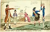 Karikatur des Duells: Links steht Tierney mit wütendem Blick, er hat in jeder Hand eine Pistole, die Pistole rechter Hand feuert er ab. Links steht lächelnd Pitt der Jüngere, er hat ebenfalls eine Pistole in jeder Hand. Im Hintergrund Britannia und der britische Löwe, Britannia schreit entsetzt, der Löwe rollt sich auf den Rücken