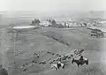 Bloomfield-Farm im Hintergrund mit Rindern und Cowboys nahe dem Reservoir auf der Spitze des Hügels westlich der Ranch.