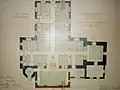 Grundrisszeichnung von 1900. Schwarz die historischen Bauteile, rot die durch den Umbau ergänzten