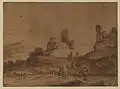 Landschaft mit Ruinen, Kühen und Personen
