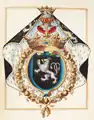 Wappen des Herzogs Alexandre I. de Bournonville (1585–1656) mit dem Orden vom Goldenen Vlies, Darstellung 1634