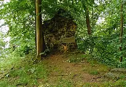Mauerstück der ehemaligen Burg mit Hinweisschild, rechts der Steilabhang