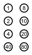 Die Grafik zeigt acht Braille-Punkte als Kreise, in die die Hexadezimalwerte der Punktnummern 1 bis 8 (1, 2, 4, 8, 10, 20, 40 und 80) eingetragen sind.