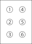 Die Grafik zeigt die sechs Braille-Punkte als Kreise, in die die Punktnummern 1 bis 6 eingetragen sind.