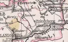 Friedeberg und seine Nachbarorte  um 1900  (die geographische Entfernung zur Stadt Driesen im Südosten beträgt rund 20 Kilometer)