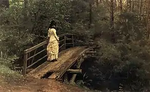 Sommerlandschaft − Wera Alexejewna Repina auf einer Brücke in Abramzewo (Летний пейзаж − Вера Алексеевна Репина на мостике в Абрамцеве), 1879, Puschkin-Museum