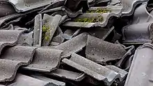 Ein Haufen von Betondachsteinen, die Oberflächenbeschichtung ist großteils durch Verwitterung nicht mehr vorhanden.  In einigen Dachsteinen wächst bereits Moos.
