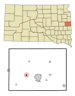 Lage von Volga im Brookings County (unten) und in South Dakota (oben)