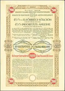 Anleihe der Budapester Elektrische Stadtbahn AG vom 31. Dezember 1908