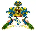 Wappen der Freiherren von Buddenbrock, mit Pfauen als Schildhaltern, eine Reminiszenz an die ursprünglichen Pfauenfedern der Helmzier – hier mit geschlossenen Stößen – im schlesischen Wappenbuch von Leonard Dorst von Schatzberg (1847)