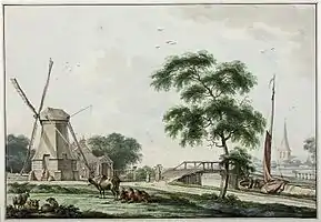 Blick auf Ulrum und Kirchturm von einer südlich gelegenen Stelle an der später der Hunsingokanaal gegraben wurde. Die Schälmühle wurde 1786 abgerissen. (Bulthuis, 1784)