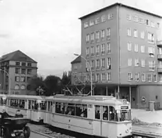 Gotha-Zug der Linie 5 1961 auf der Annaberger Straße Ecke Erdmannsdorfer Straße