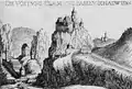 Ansicht der unteren Sperrmauer, der Burg von Klamm, des Schusterlochs (unterhalb der Burg) und der beiden Pulvertürme auf dem Tändlein, Kupferstich, Georg Matthäus Vischer, um 1672