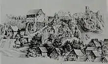 Ansicht der Burgruine Wolfsberg aus südlicher Richtung, um 1809