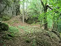 Bild 6: Absatz am Aufgang zur Oberburg, mögliche Stelle eines Torbaus, im Hintergrund der weitere Aufstieg zur Oberburg