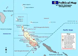 Takuu (Tauu Islands auf der Karte) gehört zur Atolls LLG, North Bougainville District, Bougainville Autonomous Region