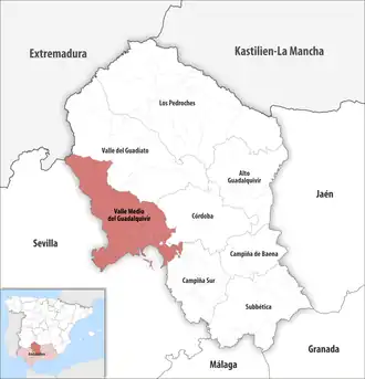 Die Lage der Comarca Valle Medio del Guadalquivir in der Provinz Córdoba