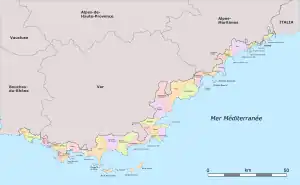 Administrative Karte der Côte d’Azur mit allen Gemeinden