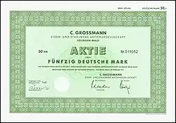 Aktie über 50 DM der C. Grossmann Eisen- und Stahlwerk AG vom Februar 1987