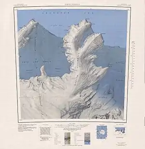 Topografische Karte der Martin-Halbinsel mit dem Maumee-Piedmont-Gletscher (rechts unten)
