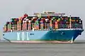 MOL Triumph läuft am 15. Mai 2017 mit 400 m Länge, 58,80 m Breite und 20.170 TEU, also als erstes Schiff mit über 20.000 Stellplätzen in die Elbe ein. Der Tiefgang betrug 13,40 m von maximal möglichen 13,90 m in Frischwasser. (Aufnahme vor Cuxhaven)