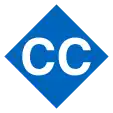 Viereckiges Liniensymbol mit den weißen Buchstaben CC in blau gefüllter Raute vor neutralem Hintergrund