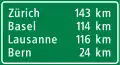 Entfernungstafel auf Autobahn und Autostrasse (national und kantonal)