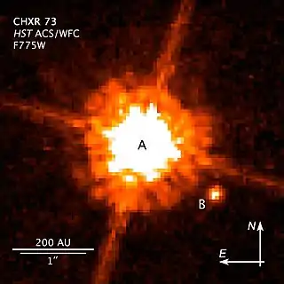 Hubble-Aufnahme von CHXR 73 und seinem Begleiter CHXR 73 b (Falschfarben)