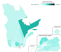 Bloc Quebecois:﻿unter 10 %﻿10–19 %﻿20–29 %﻿30–39 %﻿40–49 %﻿50–59 %﻿60–69 %﻿mehr als 70 %