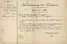 Aktie des Canal du Midi über 500 Francs, ausgestellt in Paris am 10. Juli 1810 auf den Quartiermeister des 1. Kürassierregiments Monsieur Sterlin. Gegründet am 10. März 1810 von Napoleon Bonaparte mit einem Kapital von 10 Millionen Francs, eingeteilt in 1000 Aktien à 10.000 Francs, mit einer festen Jahresdividende von 500 Francs.