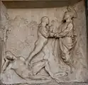 Reliefs der Sockelzone, Szenen aus dem Buch Genesis, links.  Erschaffung Evas aus der Rippe Adams.
