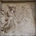 Reliefs der Sockelzone, Szenen aus dem Buch Genesis, links.  Vertreibung aus dem Paradies.
