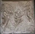 Reliefs der Sockelzone, Szenen aus dem Buch Genesis, rechts.  Die Opfergaben Kain und Abels.