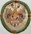 Wappen von Jakob v. Capol, aufgemalt an der Fassade des Talmuseums in Valchava