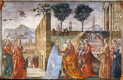 Heimsuchung Mariä – Rechts ist als Zeugin Giovanna Tornabuoni dargestellt.