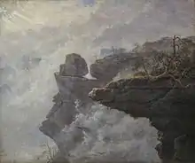 Ölgemälde von einem Felsvorsprung im Nebel. Von links schieben sich Nebelwolken in Richtung der Felsen. Die grauen Wolken sind auch am oberen Bildrand verteilt. Rechts befindet sich ein dunkler, spitzer Felsenvorsprung mit Bäumen. Im Hintergrund sind weitere Felsen mit Bäumen zu erkennen, die wegen dem Nebel heller dargestellt sind.