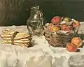 Carl Schuch:Äpfel auf Weiß; mit Körbchen, Zinnkrug und Spargelbund