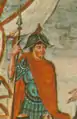 Karolingischer Krieger (Vivian-Bibel, Mitte 9. Jahrhundert). Der Kammhelm mit breiter Krempe ist auch in anderen Manuskripten dieser Zeit abgebildet