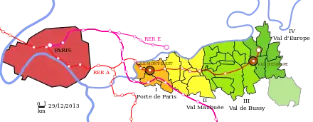 Diese Karte zeigt die Strecken der Vorortzüge, die von Paris nach Marne-la-Vallée führen