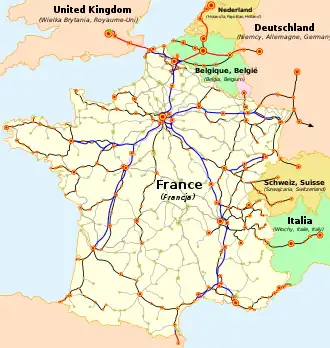 Grafik Frankreichs mit eingezeichneten Fernzugstrecken. Die Grenzverbindungen zu Großbritannien, Belgien, Niederlande, Deutschland, Schweiz und Italien sind eingetragen.