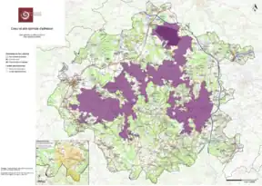 Karte des Nationalparks: In grün das Beitrittsgebiet, in violett das Kerngebiet und in dunkelviolett das Totalreservat.