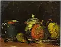 Paul Cézanne: Zuckerdose, Birnen und blaue Tasse.