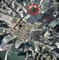 Luftaufnahme vom Ground zero im November 2001,der Standort von Saint-Pauls-Chapel ist rot umrandet